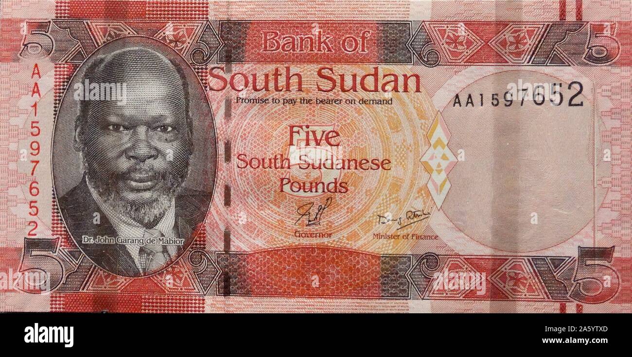 South Sudan banknote, 2011; features a portrait of John Garang, the former leader of the Sudan People’s Liberation Army (SPLA). Stock Photo