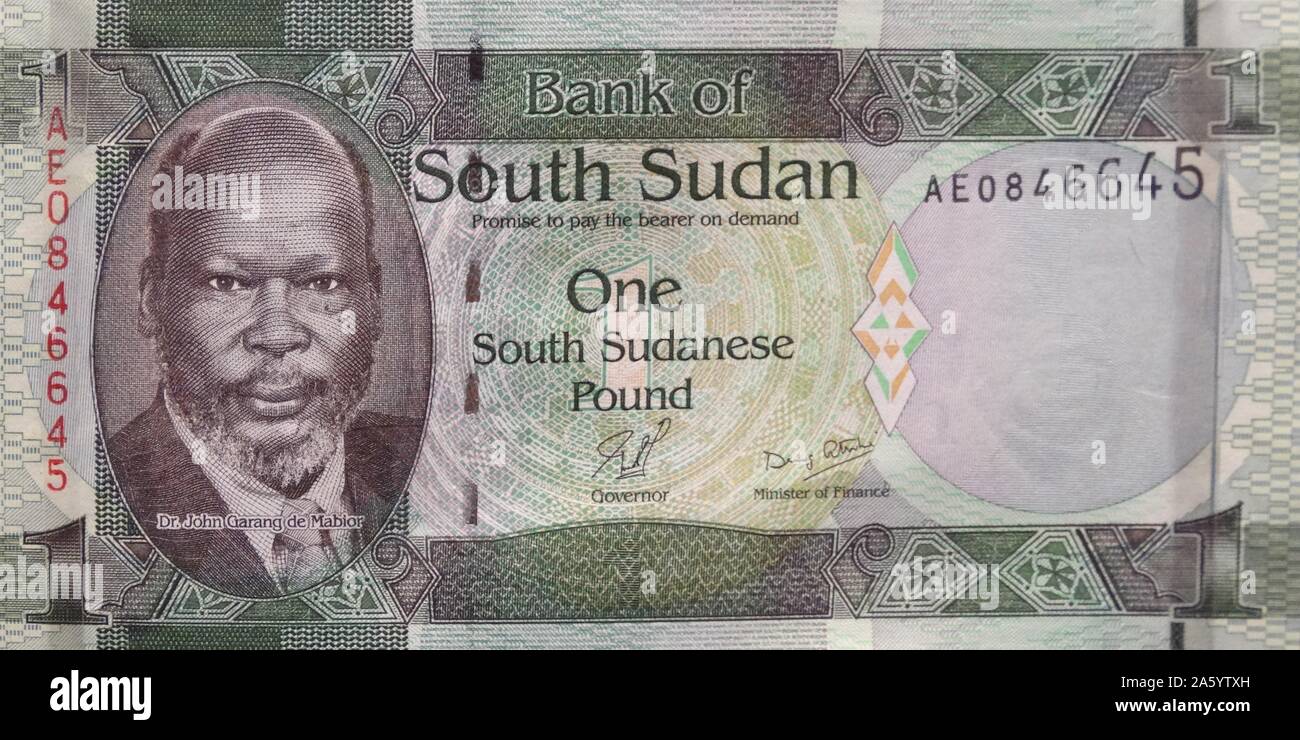 South Sudan banknote, 2011; features a portrait of John Garang, the former leader of the Sudan People’s Liberation Army (SPLA). Stock Photo