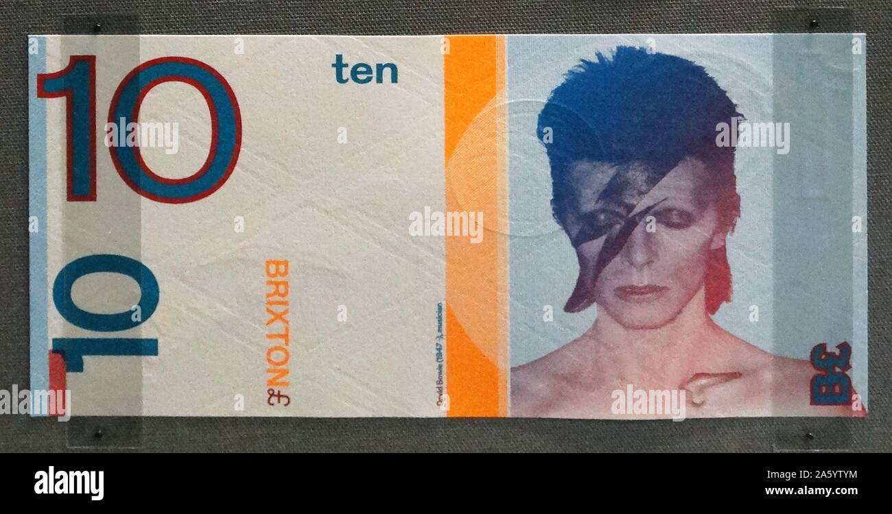 musician David Bowie, appears on a Brixton ten pound banknote, London (UK), 2011. London's first and currently only local currency is the Brixton pound. First issued in September 2009 Stock Photo