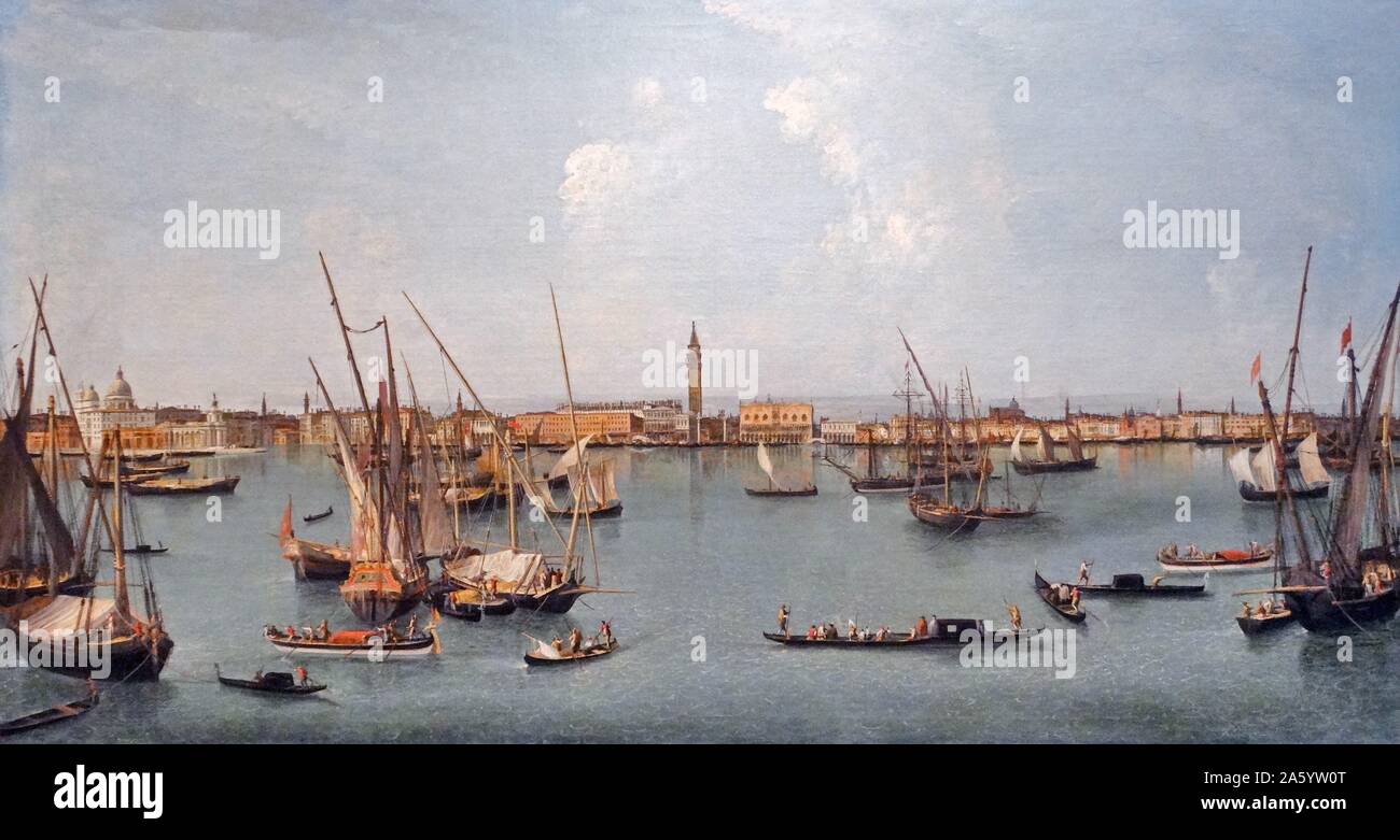 Michele Marieschi (1710-1743), The Bacino di San Marco, around 1739-40 Oil on canvas. view looks across from the Isola di San Giorgio towards St Mark's Cathedral and the Doge's Palace (in the centre of the composition). The domed church of Santa Maria della Salute can be seen on the extreme left. Stock Photo
