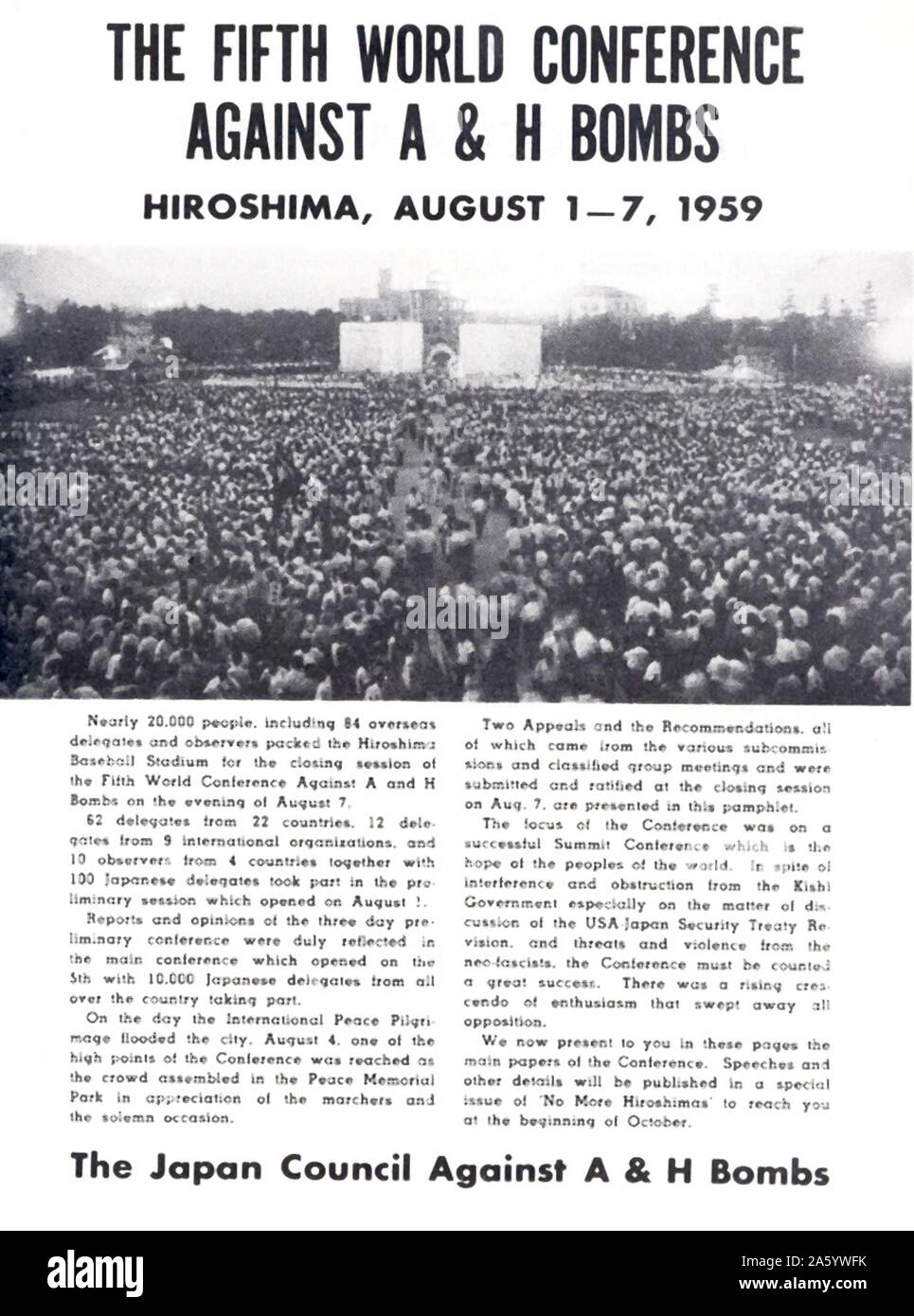 Magazine article describing the Fifth World Conference against A & H bombs, Hiroshima, Japan, 1959 Stock Photo