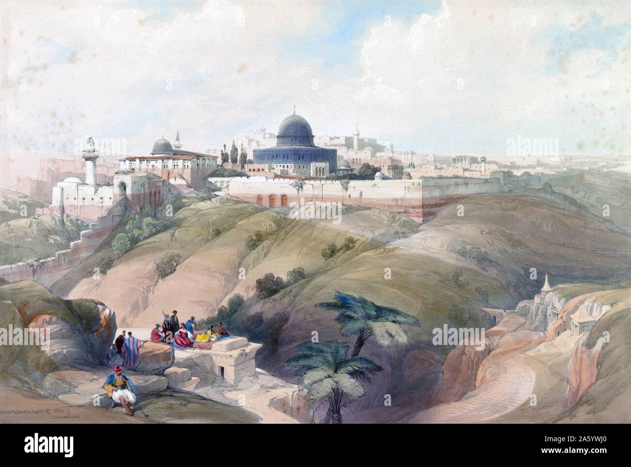 Jerusalem by David Roberts, April 9th 1839: Print shows Church of the Purification in Jerusalem from the road leading to Bethany from a drawing made by David Roberts in 1839. Stock Photo