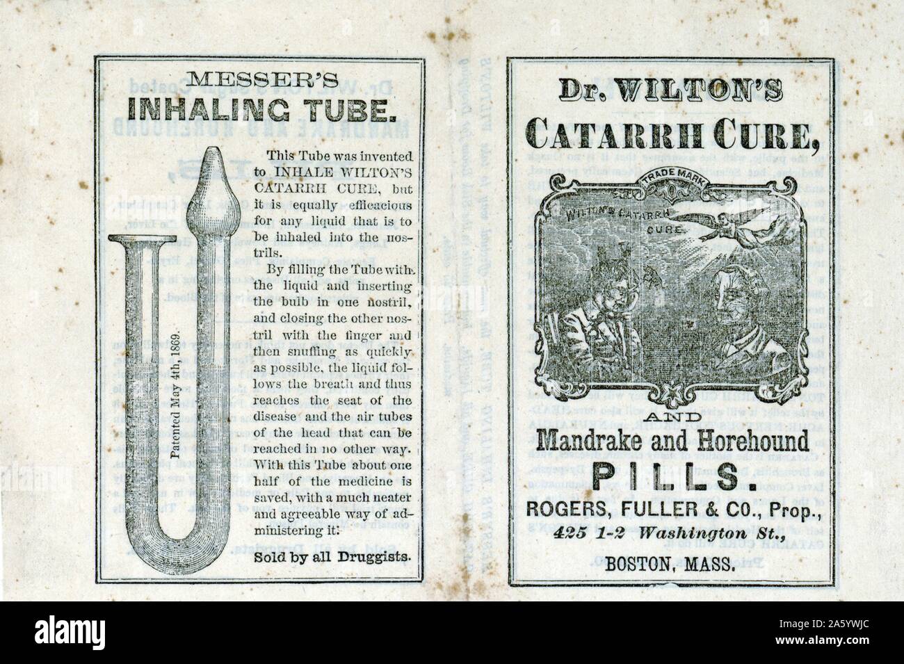 Messer's inhaling tube Dr. Wilton's catarrh cure, and mandrake and horehound pills. Date Created/Published: [ca. 1869]: Prints show, on the left, Messer's patented inhaling tube, for use with, on the right, Dr. Wilton's catarrh cure. Stock Photo