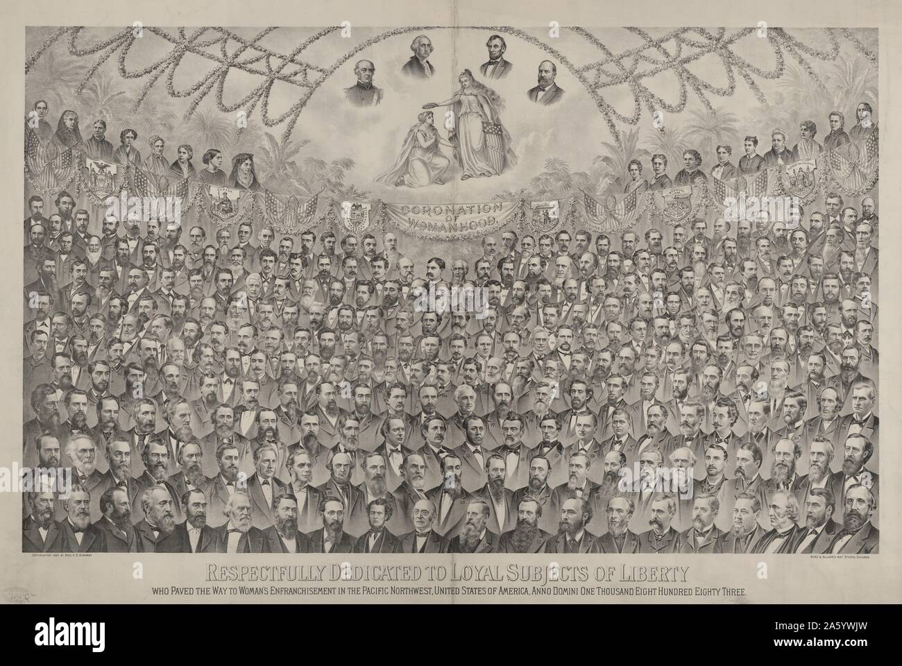 Respectfully dedicated to loyal subjects of liberty who paved the way to woman's enfranchisement in the Pacific Northwest, United States of America, anno domini one thousand eight hundred eighty three: Kurz & Allison's Art Studio c1886. Print showing a large group of bust portraits of men beneath bust portraits of several women and a banner labelled 'Coronation of Womanhood.' Stock Photo