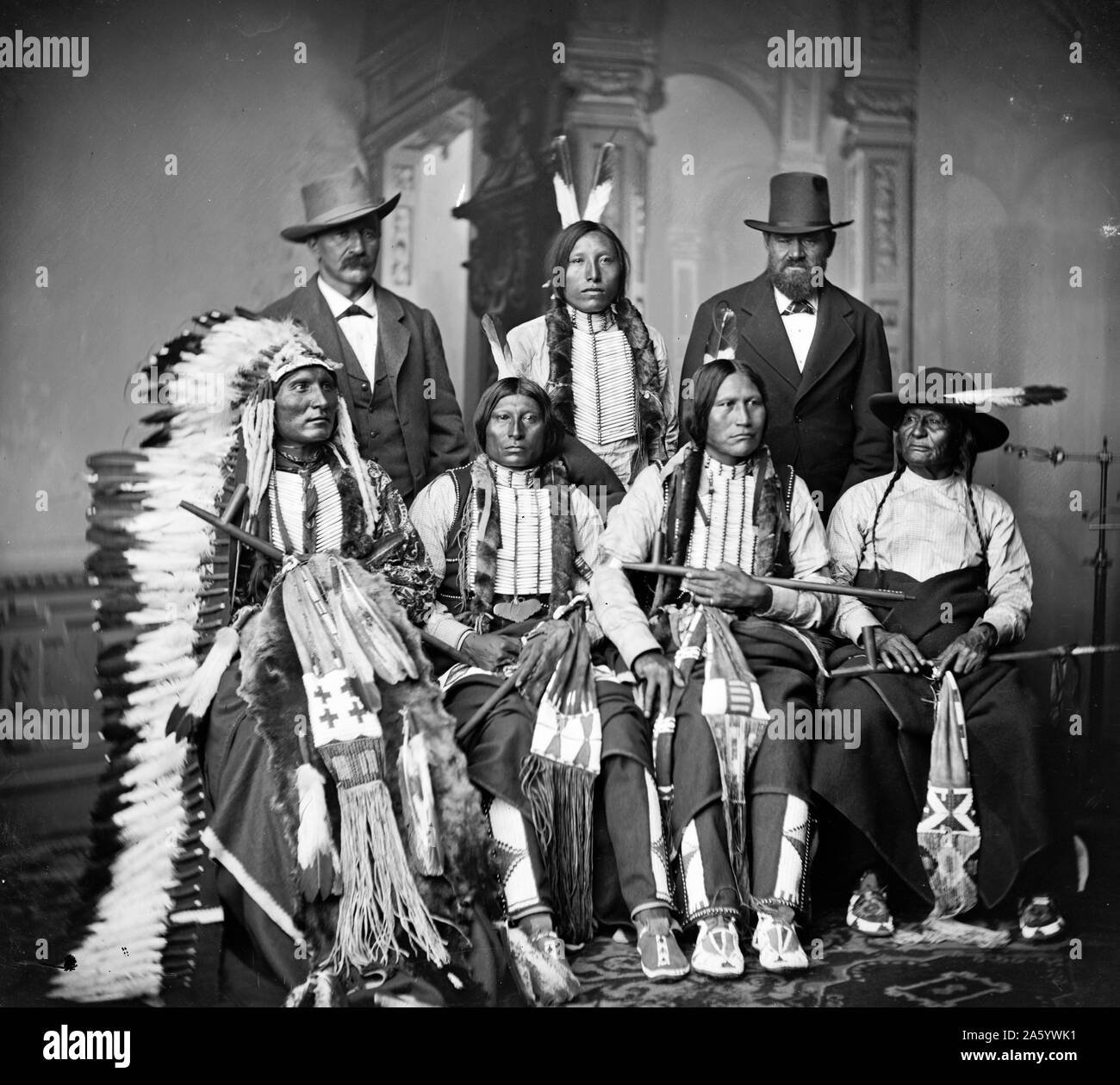 Group of Sioux Indians 'Spotted Tail' (photo c. 1875) Standing: Joe Merrivale; Young Spotted Tail; Antoine Janis; Seated: Touch-the-Clouds; Little Big Man; Black Cool; Stock Photo
