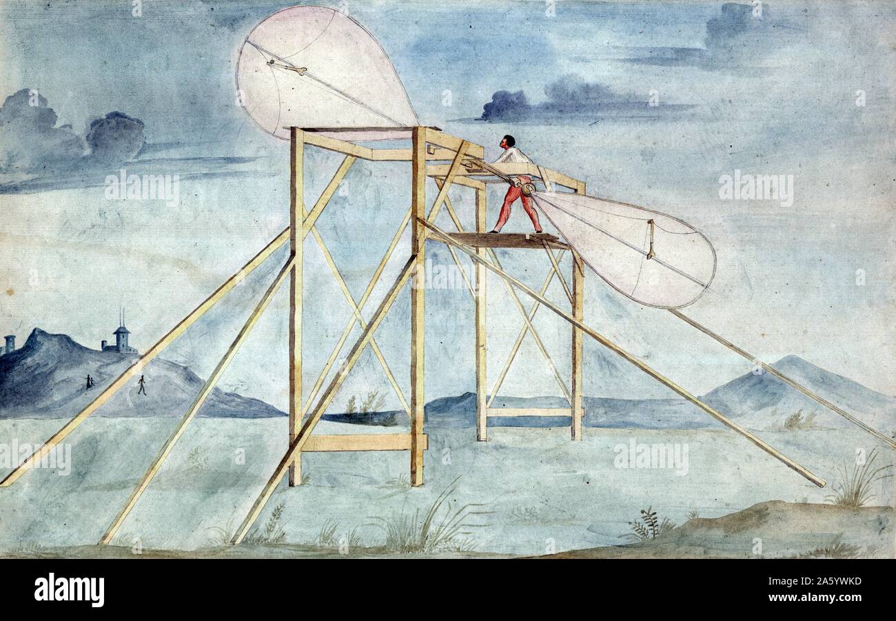 Man standing on a platform manipulating a set of paddle-like wings for a hand-operated aeronautical propeller [ca. 1850] Stock Photo