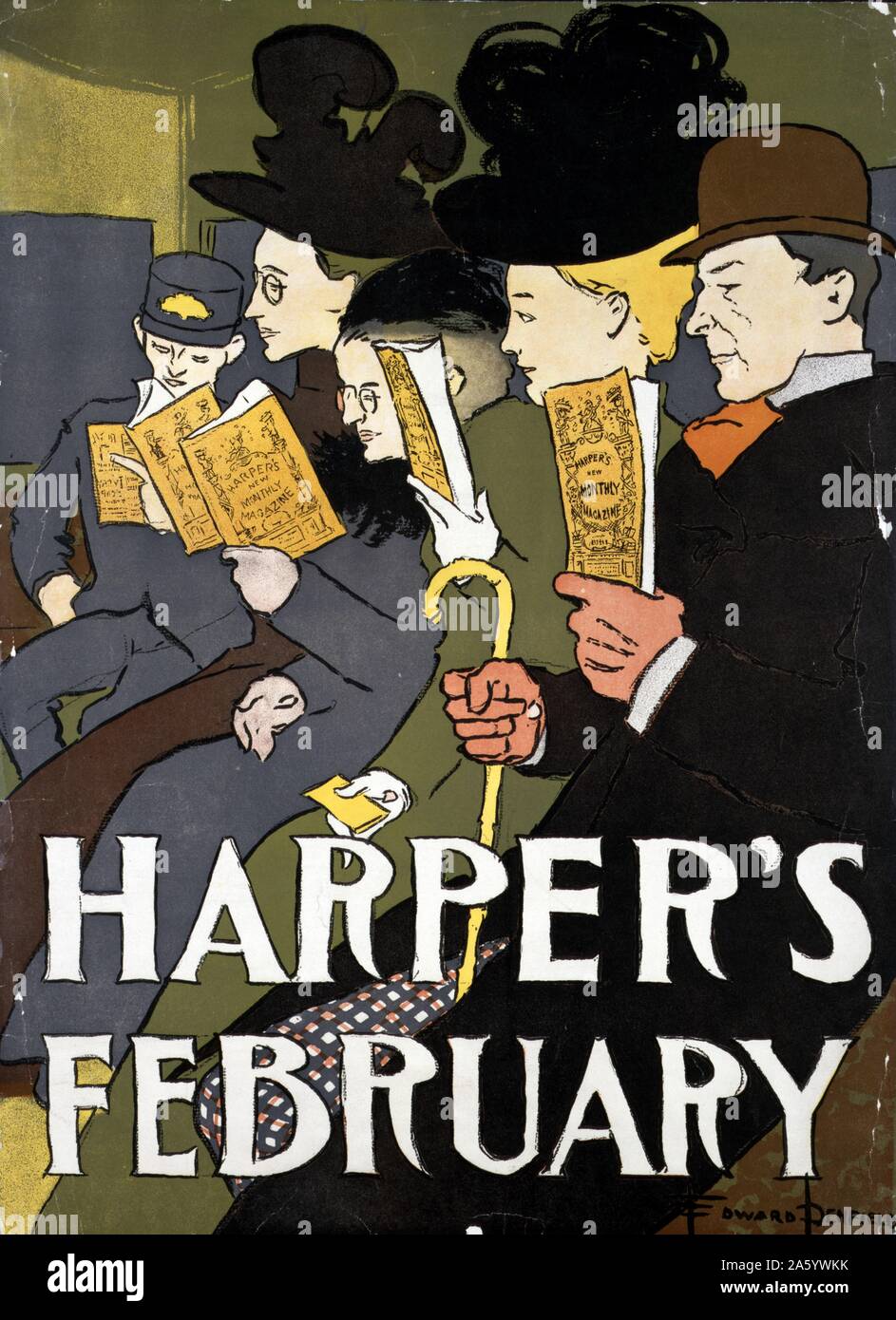 passengers on a tram : Harper's February 1897 Front cover by Edward Penfield, 1866-1925, artist Stock Photo