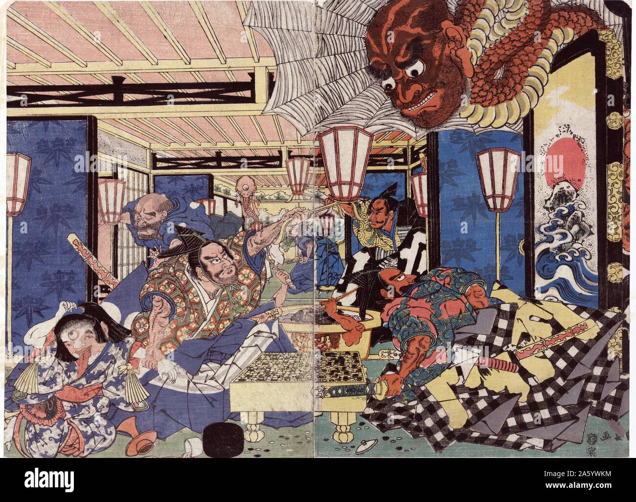 Raiko Shitenno [Minamoto Yorimitsu] and the earth spider.by Kuninaga Utagawa, -1829, artist. Published: [between 1804 and 1808]. woodcut, colour shows an interior view of room with Minamoto Yorimitsu and another man at a Go game board as a demon crashes through the roof. Stock Photo