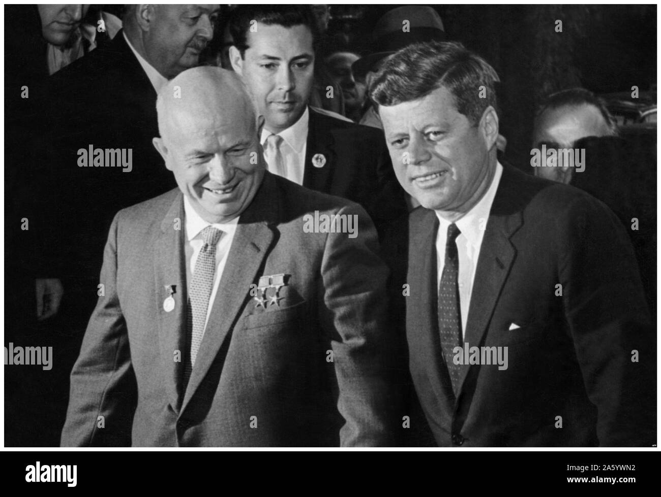 The Vienna summit was a summit meeting held on June 4, 1961, in Vienna, Austria, between President John F. Kennedy of the United States and Premier Nikita Khrushchev of the Soviet Union. The leaders of the two superpowers of the Cold War era discussed numerous issues in the relationship between their countries. Stock Photo
