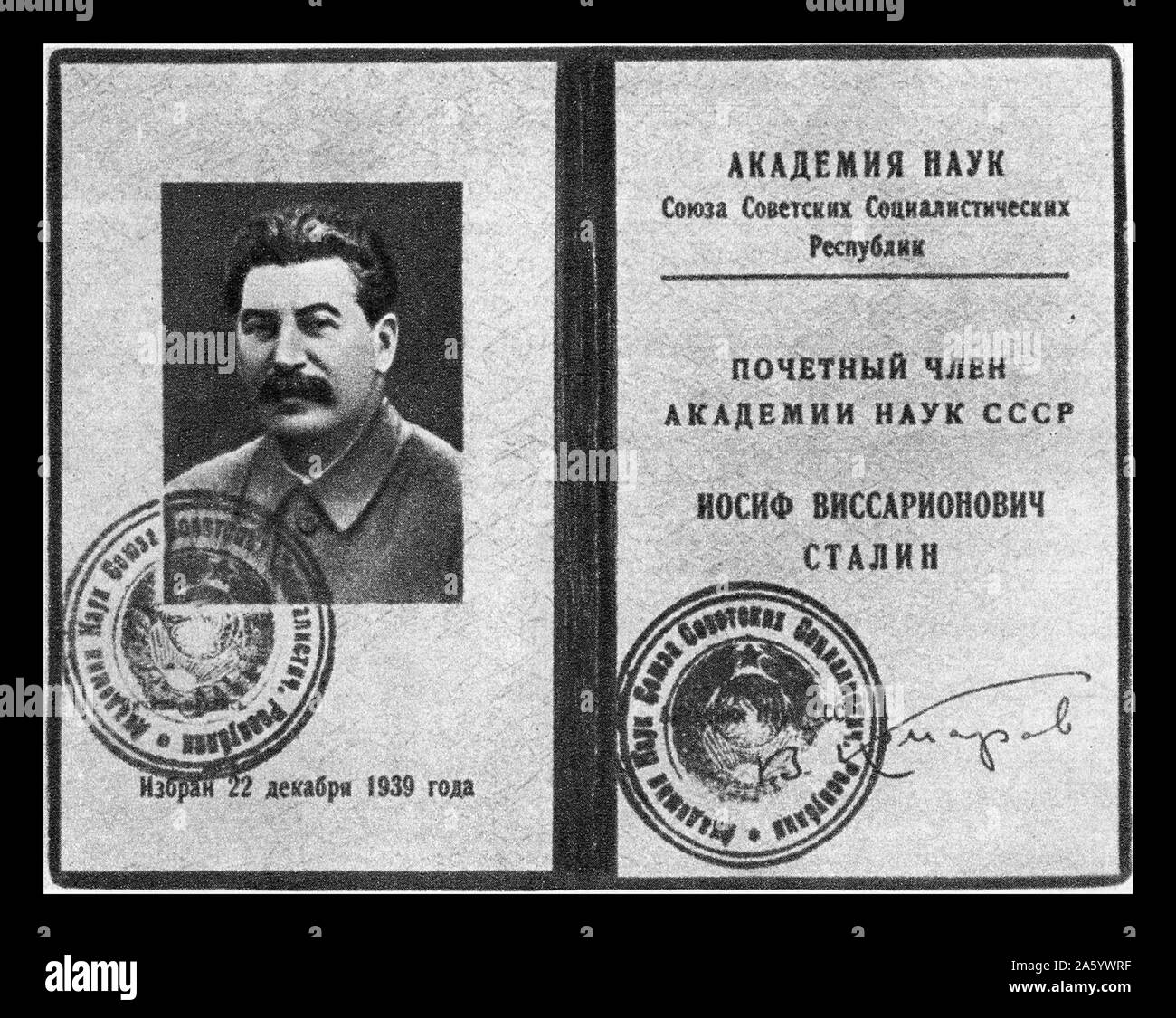 Membership document from 1939, showing Soviet leader Josef Stalin as a honorary member of the Academy of Sciences of the Soviet Union Stock Photo