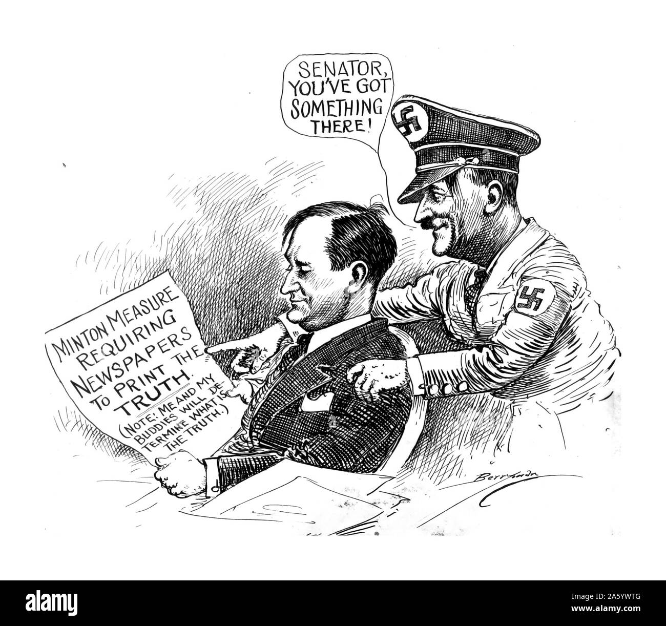Political satire from the Berryman Political Cartoon Collection, depicting Adolf Hitler (1889-1945) Austrian-born German politician who was the leader of the Nazi Party and Chancellor of Germany, and Senator Sherman Minton (1890-1965) Democratic United States Senator from Indiana and an Associate Justice of the Supreme Court of the United States. By Clifford K. Berryman (1869-1949) Pulitzer Prize–winning cartoonist with the Washington Star newspaper. Dated 1943 Stock Photo