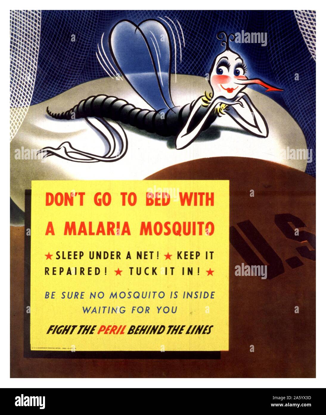 World War Two US propaganda poster 'Don’t go to Bed with a Malaria Mosquito' 1943 Stock Photo