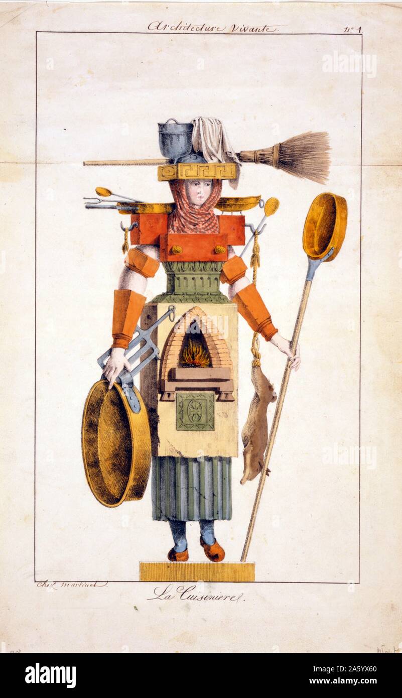 Illustration shows a woman fashioned out of and wearing and carrying cooking implements 1780 Stock Photo
