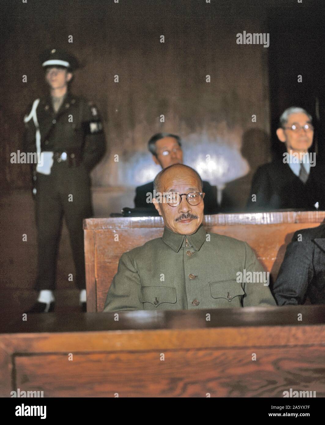 War Crimes Trial of Hideki Tojo (1884 – 1948) general of the Imperial Japanese Army. Prime Minister of Japan during much of World War II. Tojo was arrested, sentenced to death for Japanese war crimes by the International Military Tribunal for the Far East, and hanged on December 23, 1948. Stock Photo