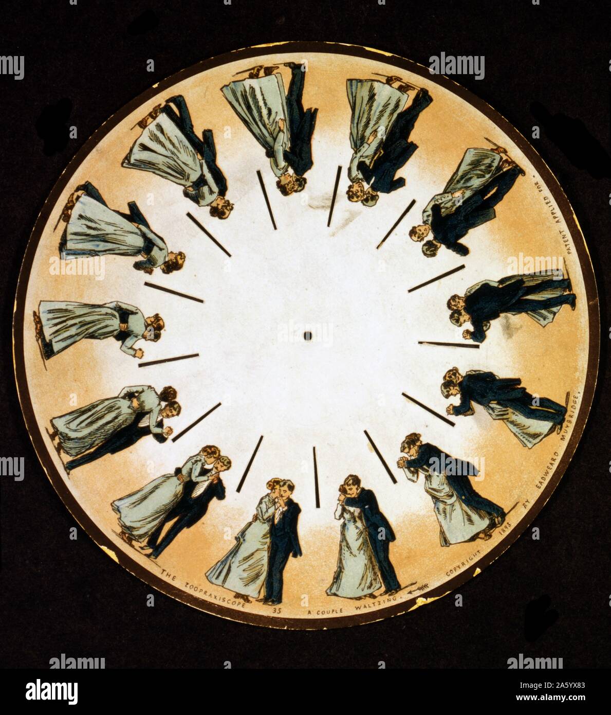 A zoetrope pre-film animation device that produced the illusion of motion by displaying a sequence of drawings or photographs showing progressive phases of that motion 1880 Stock Photo