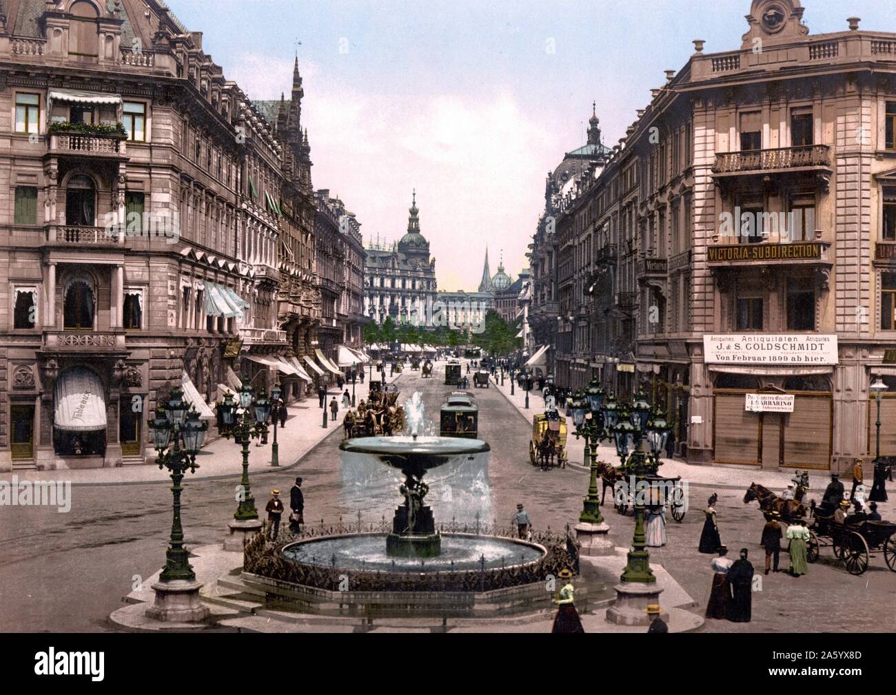 Street scene in Kaiserstrasse, Frankfurt in Germany 1903. The Jewish owned, art and antique firm of J & S Goldschmidt, was the royal purveyor to the Tsar of Russia before WWI. Stock Photo