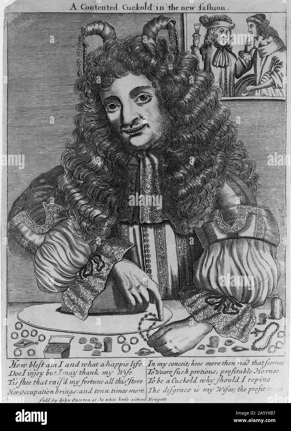 portrait of a cuckold counting his wealth in the form of jewelry that his unfaithful wife receives as gifts. Dated 1680 Stock Photo