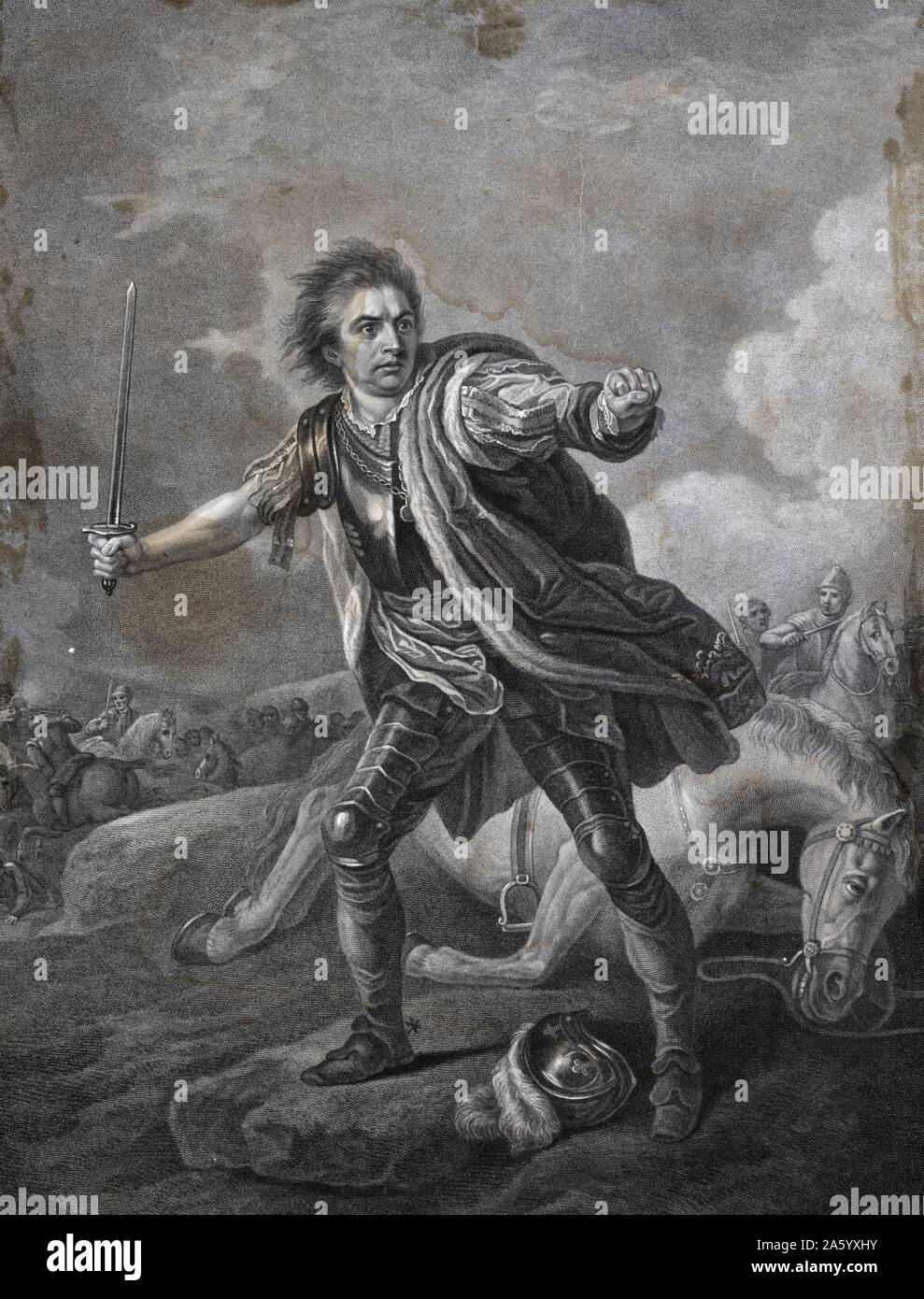 Depiction of actor David Garrick (1717-1779), English actor, playwright, theatre manager and producer, in the role of Richard the Third during the Battle of Bosworth Field. Dated 1811 Stock Photo