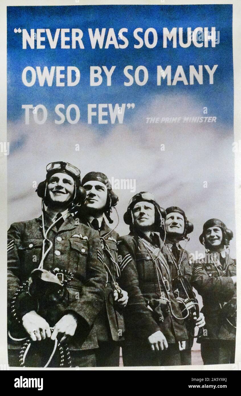 World war two; Battle of Britain propaganda poster. 'Never was so much owed by so many to so few'. This was a wartime speech made by the British Prime Minister Winston Churchill on 20 August 1940 . Stock Photo
