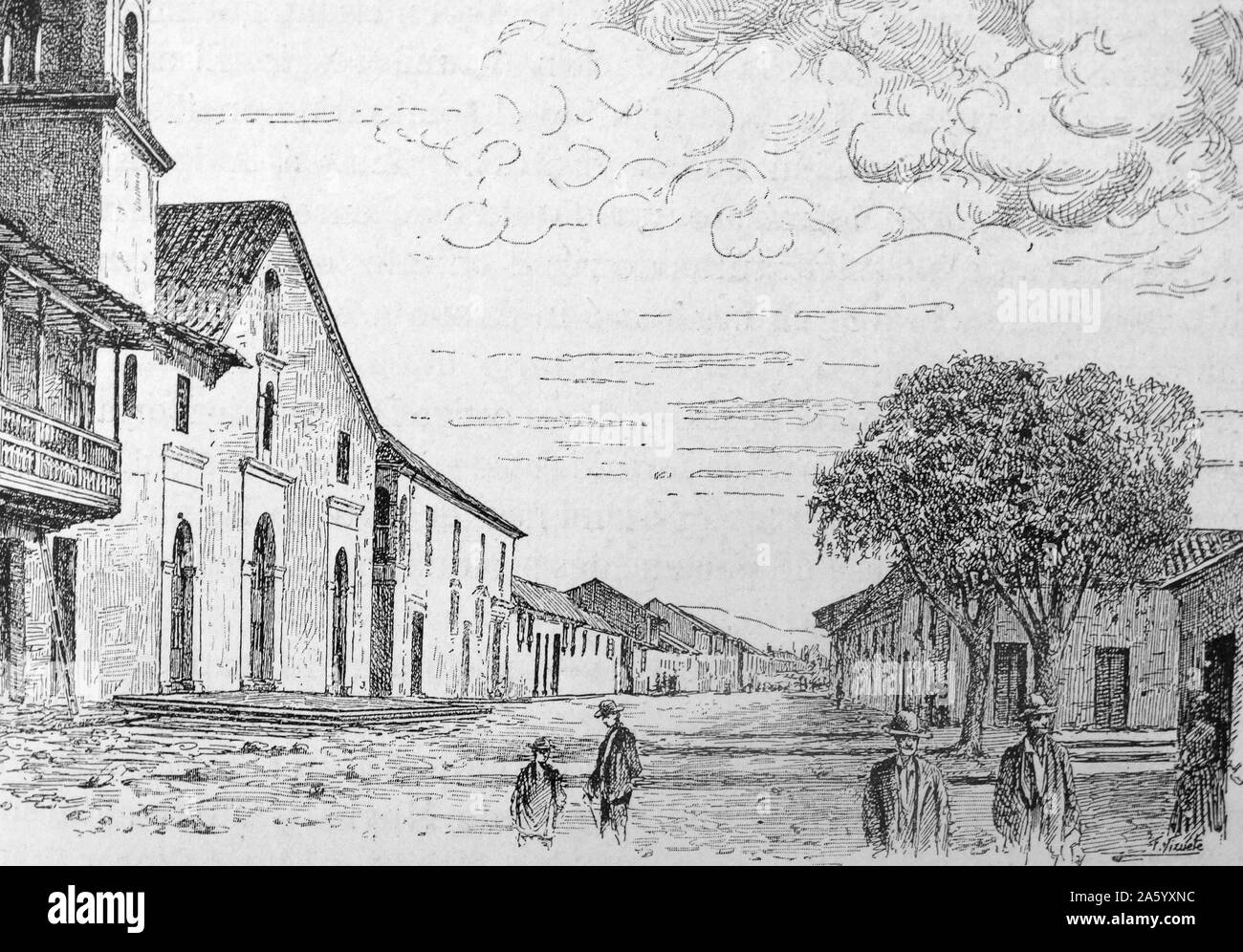 Engraving depicts the Parish Church and old cass of the Viceroys in ...