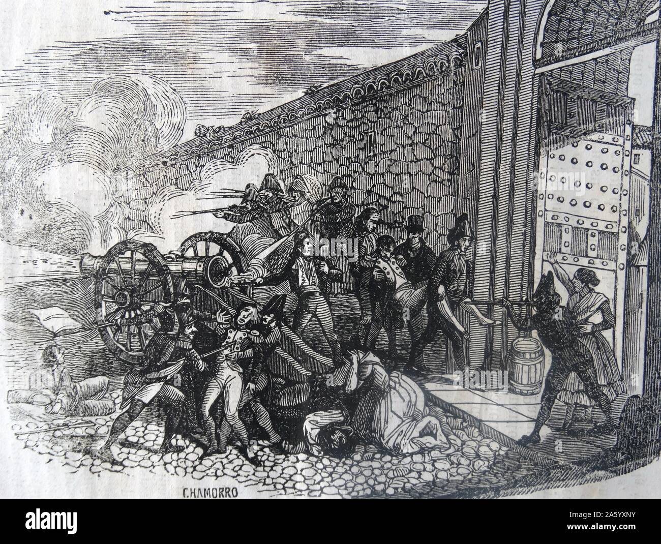 Engraving depicting the death of Luis Daoíz y Torres (1767-1808) Spanish artillery officer and one of the leaders of the Dos de Mayo Uprising that signalled the start of the Spanish War of Independence and Pedro Velarde y Santillán (1779-1808) Spanish artillery captain famous for his heroic death in the Dos de Mayo uprisings against the French occupation of Madrid. Dated 1808 Stock Photo