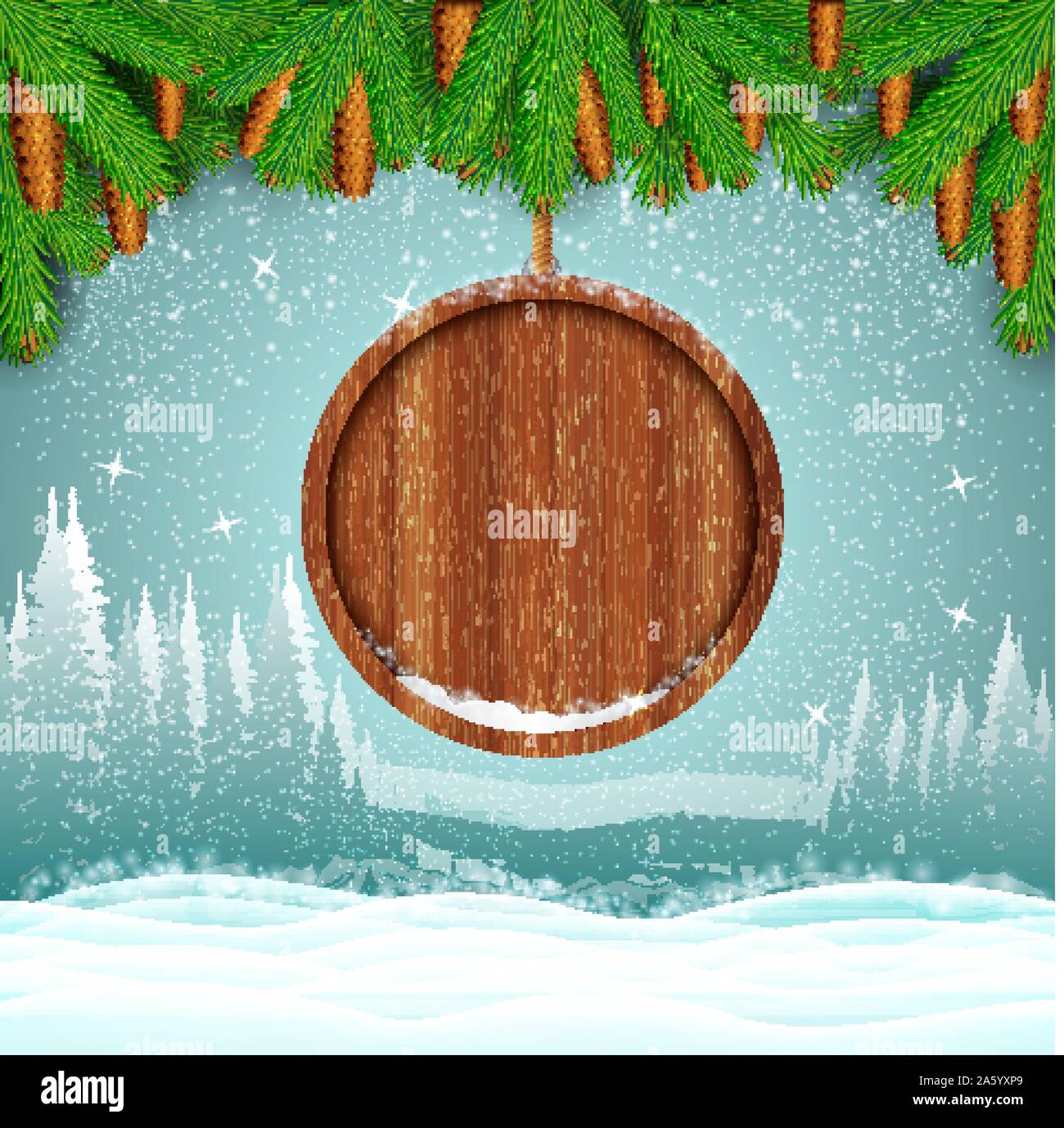 Winter frost landscape with round wood border from fir tree branch ...