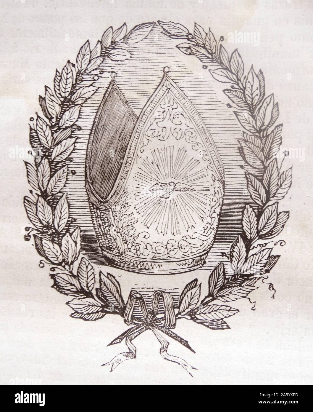 Engraving depicting the Mitre, a ceremonial headdress consisting of a tall, white, peaked cap. Dated 19th Century Stock Photo