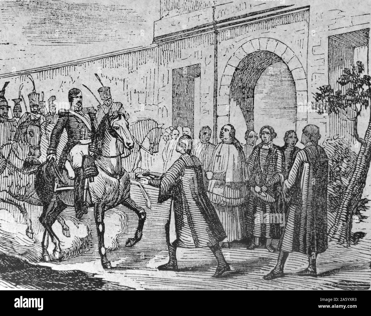 Engraving depicting the submission of Valladolid, a city in Spain and the de facto capital of the autonomous region of Castile and Leon. Dated 1808 Stock Photo