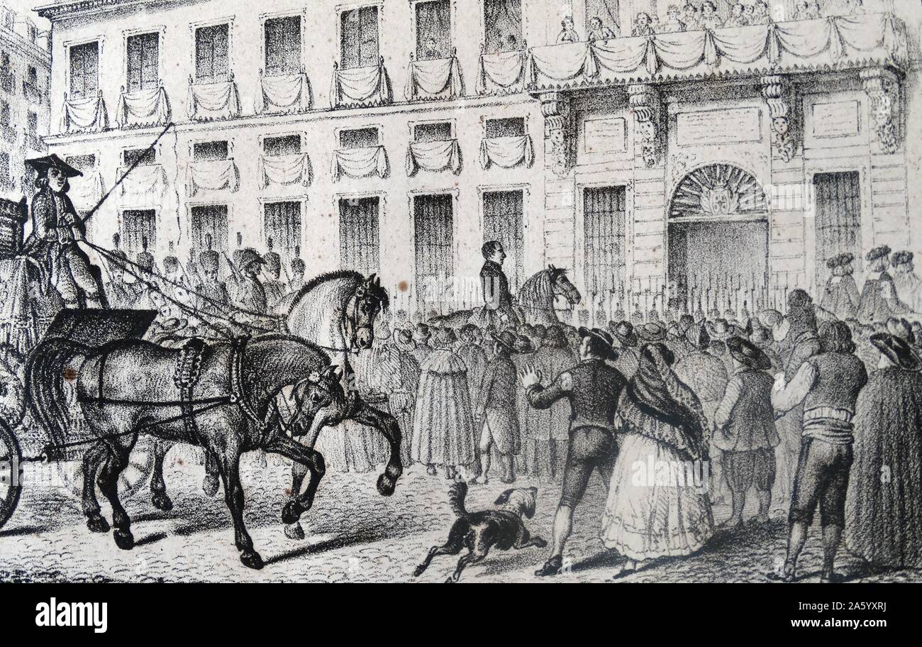 Illustration depicting the entrance of French soldiers into Madrid during the Peninsular War (1807–1814) was a military conflict between Napoleon's empire and the allied powers of Spain, Britain and Portugal for control of the Iberian Peninsula during the Napoleonic Wars. Dated 1809 Stock Photo