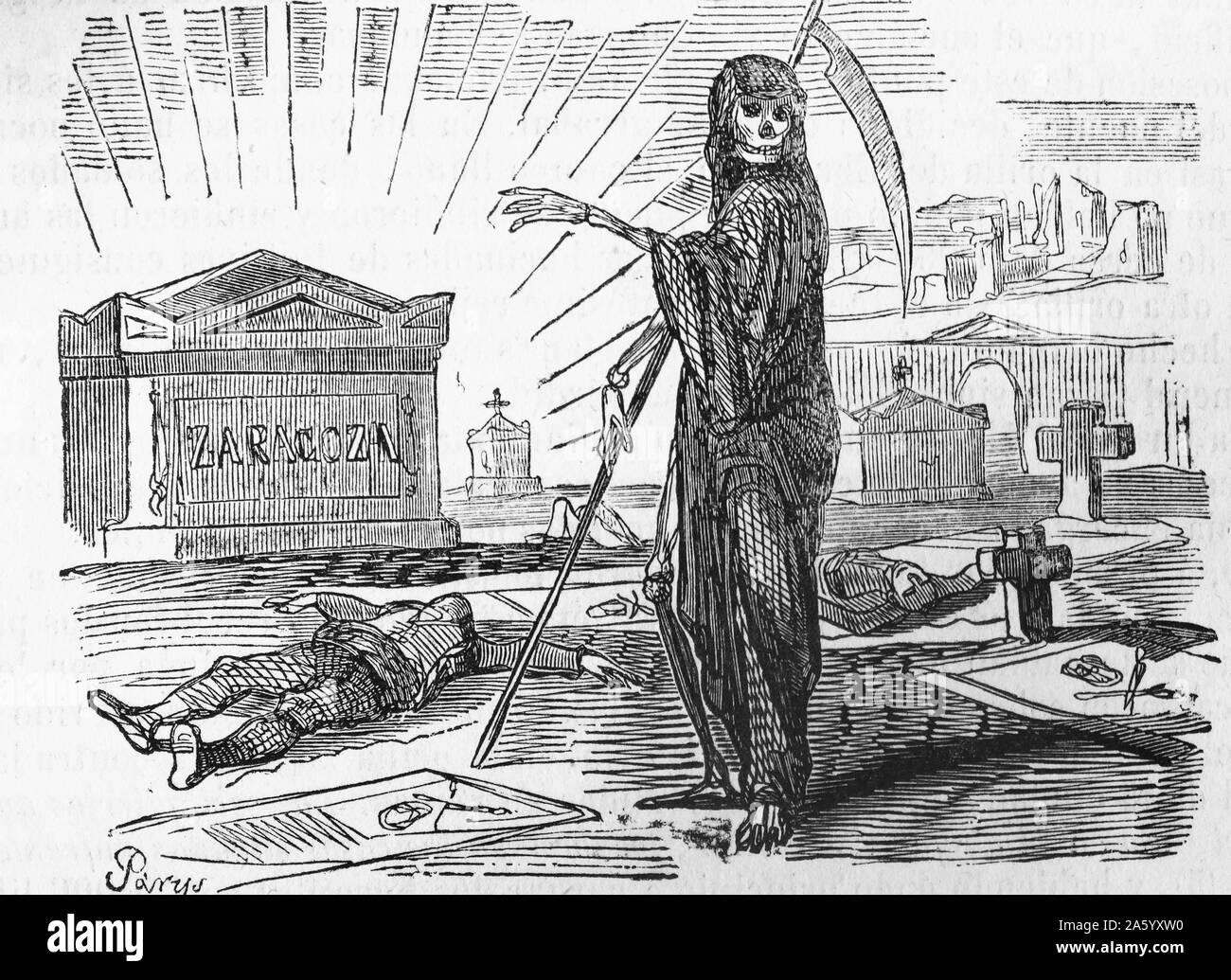 Engraving depicting the Grimm Reaper in Zaragoza during the Peninsular War (1807–1814) was a military conflict between Napoleon's empire and the allied powers of Spain, Britain and Portugal for control of the Iberian Peninsula during the Napoleonic Wars. Dated 1810 Stock Photo