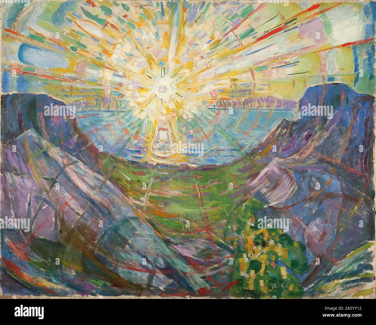 Painting titled 'The Sun' by Edvard Munch (1863-1944) Norwegian painter and printmaker whose intensely evocative treatment of psychological themes built upon some of the main tenets of late 19th-century Symbolism and greatly influenced German Expressionism in the early 20th century. One of his most well-known works is The Scream of 1893. Dated 1909 Stock Photo