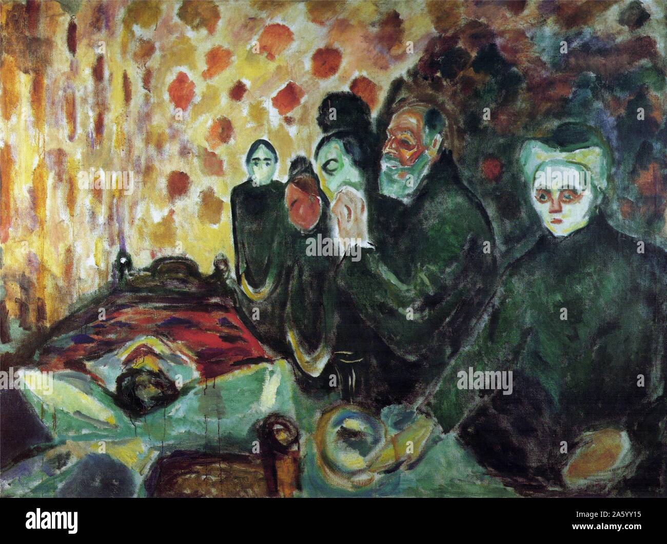 Painting titled 'By the Deathbed' by Edvard Munch (1863-1944) Norwegian painter and printmaker whose intensely evocative treatment of psychological themes built upon some of the main tenets of late 19th-century Symbolism and greatly influenced German Expressionism in the early 20th century. One of his most well-known works is The Scream of 1893. Dated 1895 Stock Photo