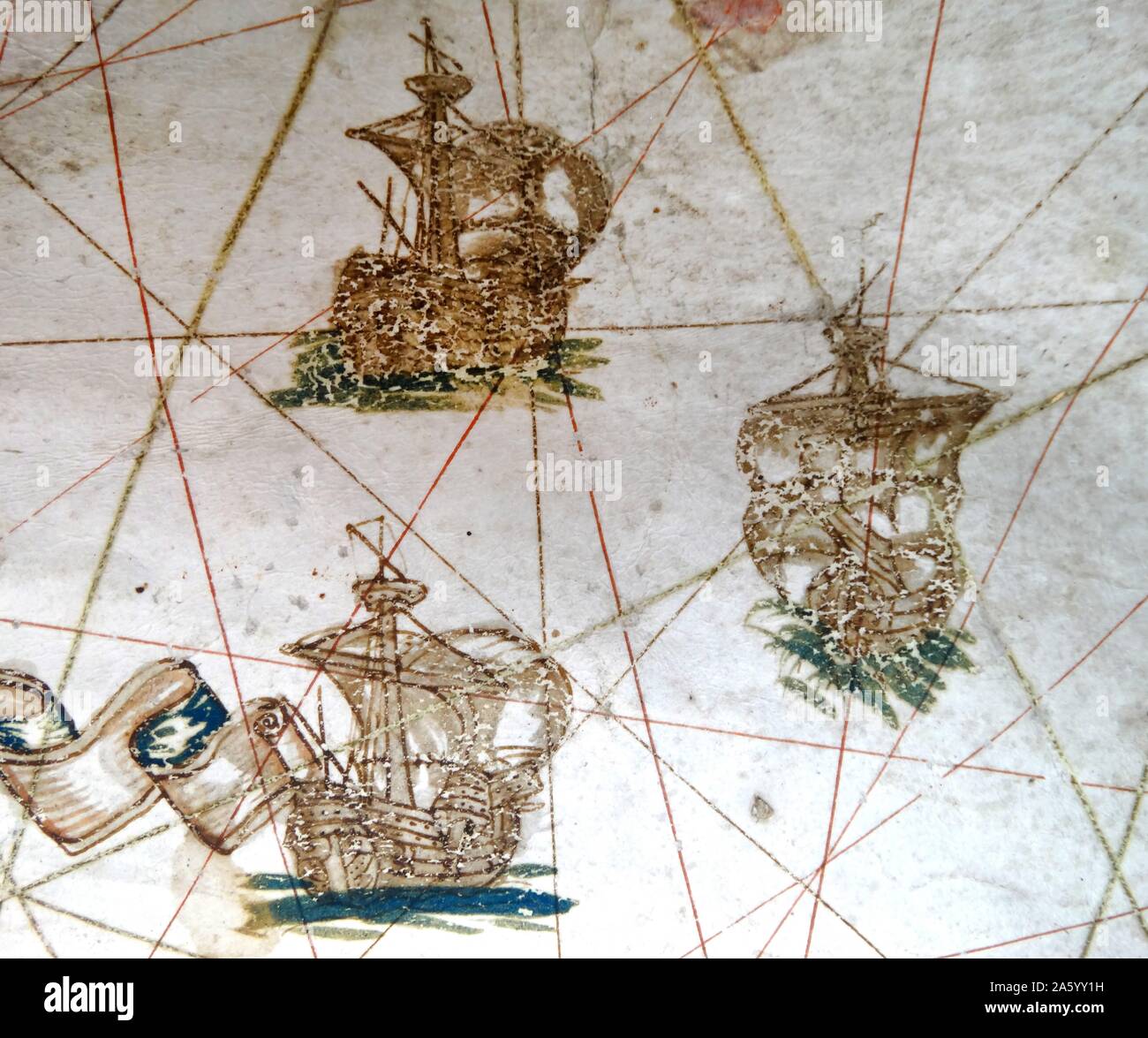Renaissance map of Europe, Jacopo Russo, 1528, detail, showing three sailing ships of 16th century Stock Photo