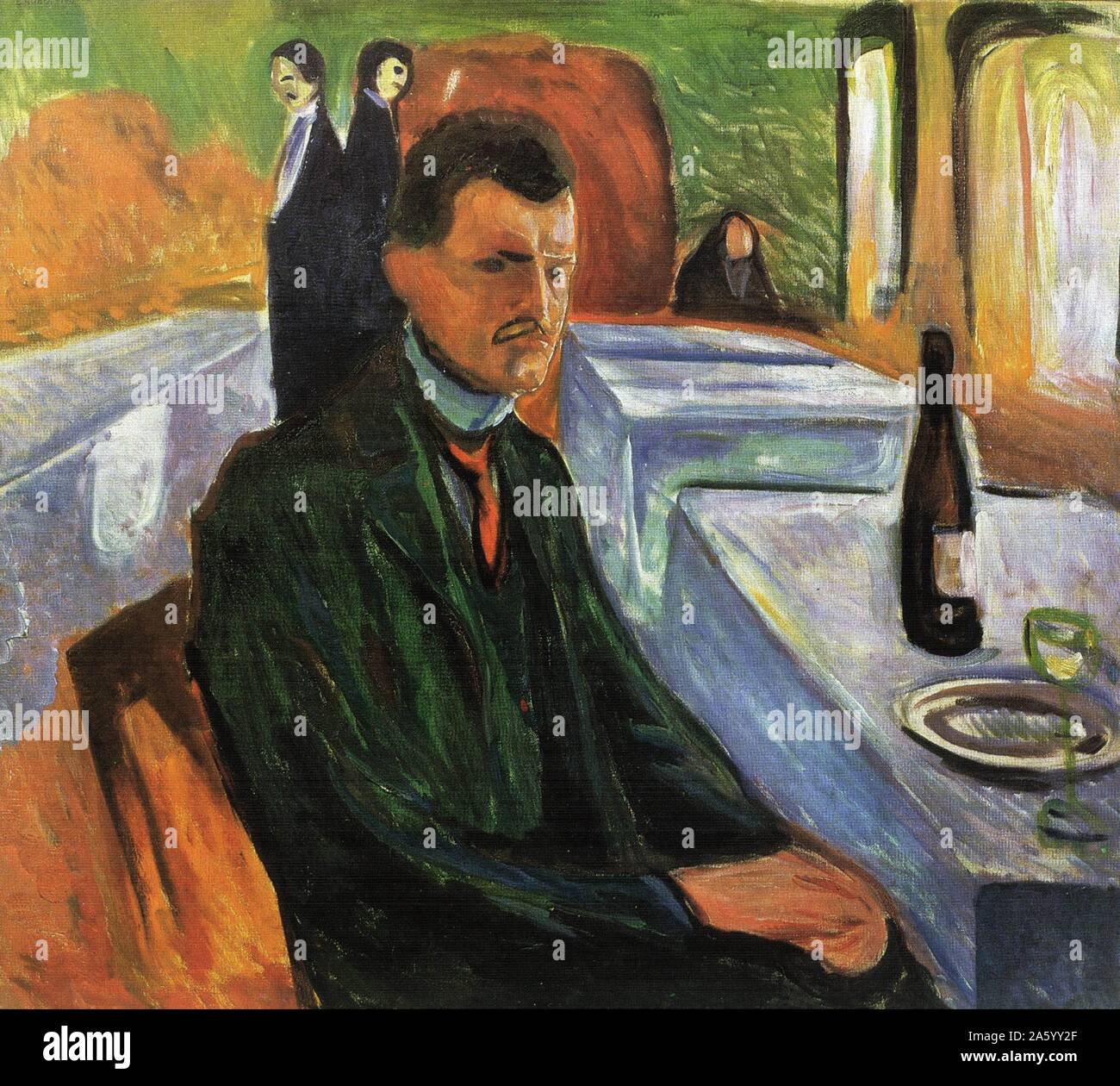 Painting titled 'Self Portrait in a Wine Bottle' by Edvard Munch (1863-1944) Norwegian painter and printmaker whose intensely evocative treatment of psychological themes built upon some of the main tenets of late 19th-century Symbolism and greatly influenced German Expressionism in the early 20th century. One of his most well-known works is The Scream of 1893. Dated 1906 Stock Photo
