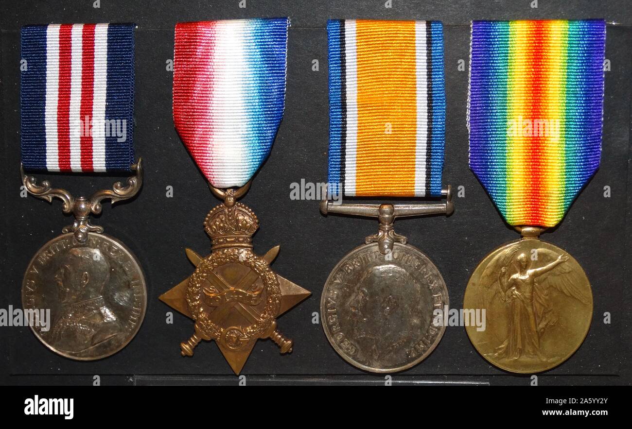 British army war medals, World war One, Military Medal; 1914-15 Star; British War Medal; Allied Victory Medal Stock Photo