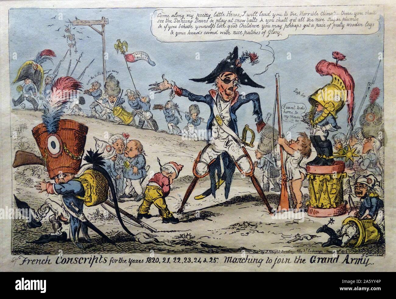 Hand-coloured etching titled 'French Conscripts for the Years 1820, 21, 22, 23, 24 & 25' by George Cruikshank (1792-1878) British caricaturist and book illustrator. Dated 1813 Stock Photo