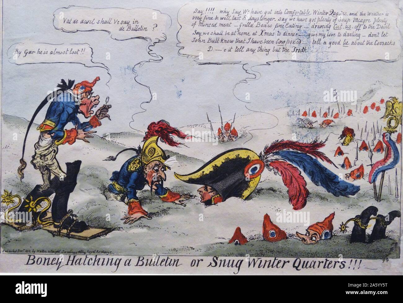 Hand-coloured etching titled 'Boney Hatching a Bulletin or Snug Winter Quarters' by George Cruikshank (1792-1878) British caricaturist and book illustrator. Dated 1812 Stock Photo