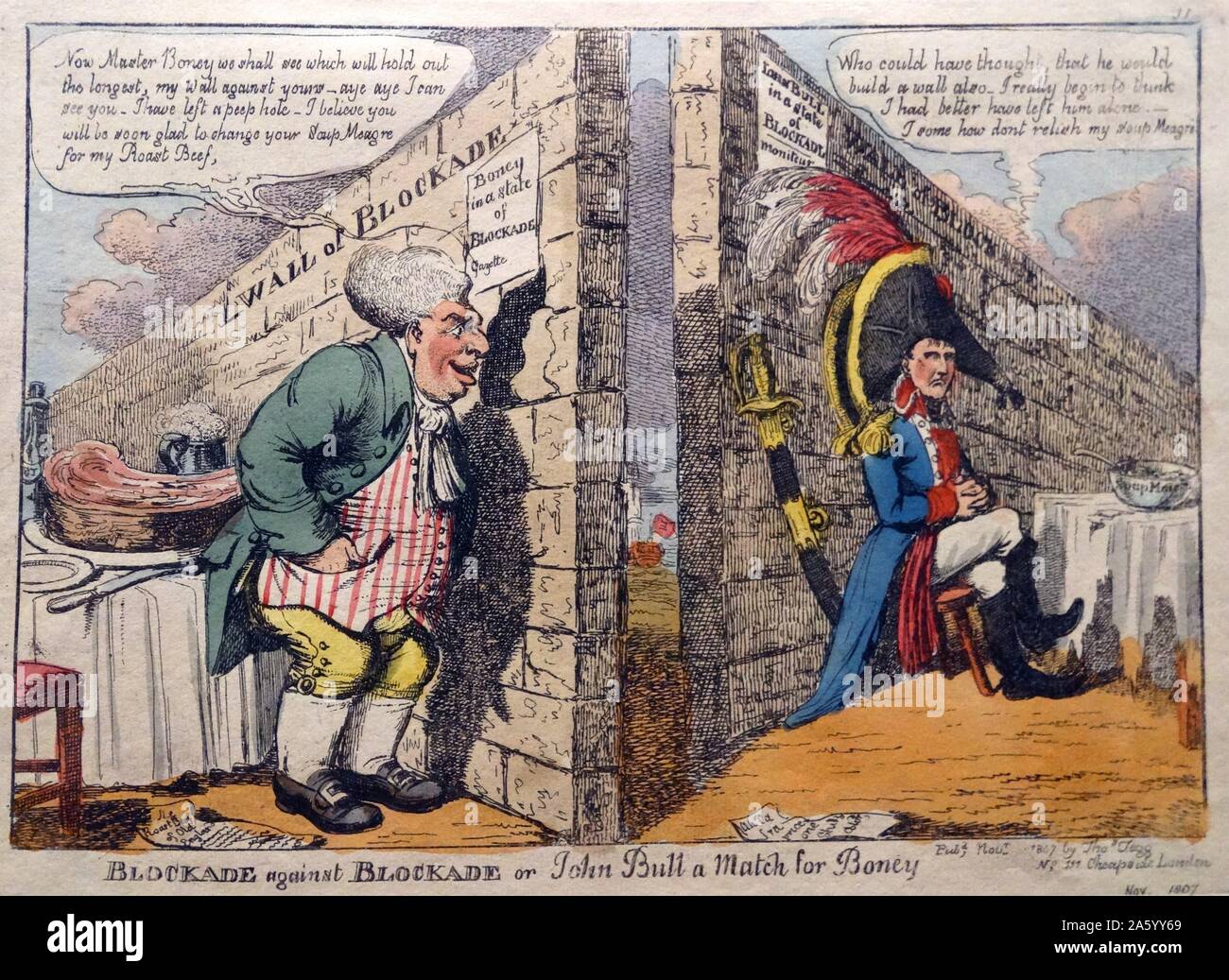 Hand-coloured etching titled 'Blockade Against Blockade' by Charles Williams (1797-1830) British poet, novelist, playwright, theologian, literary critic, and member of the Inklings. Dated 1807 Stock Photo