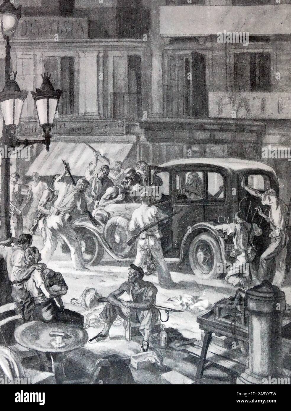 car is seized by anarchist republican militia during the Spanish civil war. Illustration By Carlos Saenz de Tejada (1897 - 1958 ) Spanish painter and illustrator;identified with the Nationalist (Fascist) side in the Spanish Civil War. Stock Photo