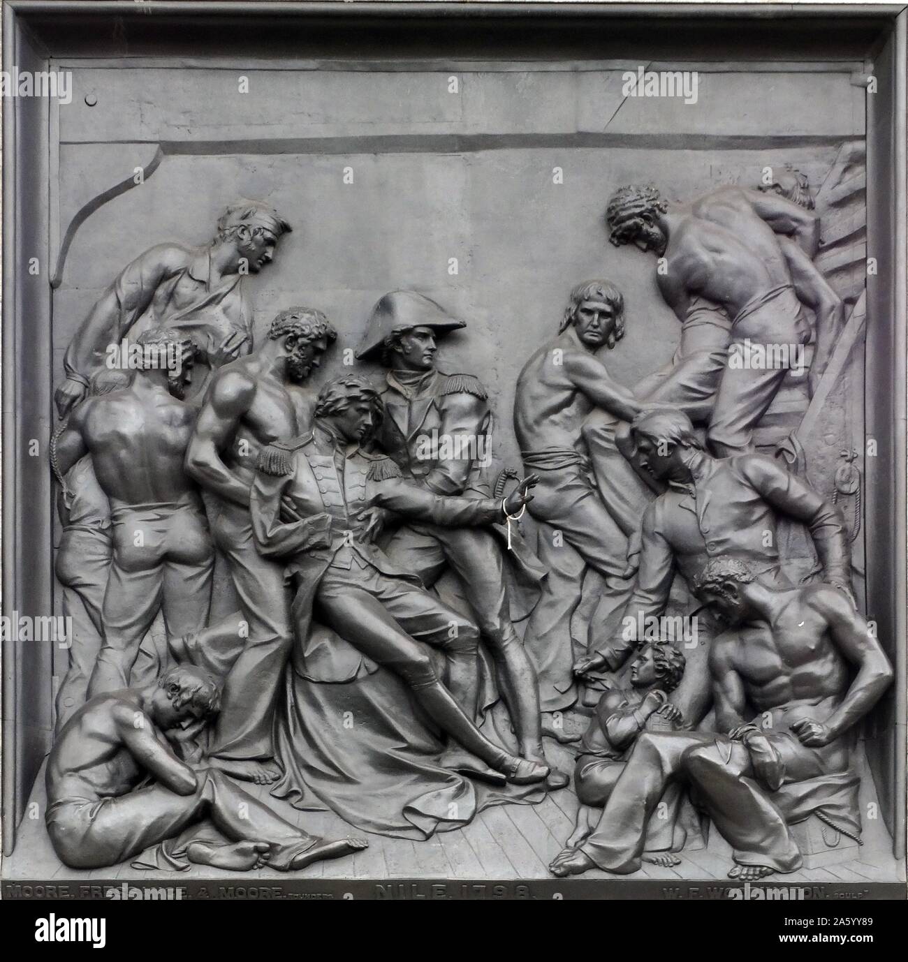 detail in relief from Nelson's Column monument in Trafalgar Square in central London built to commemorate Admiral Horatio Nelson, who died at the Battle of Trafalgar in 1805. Stock Photo