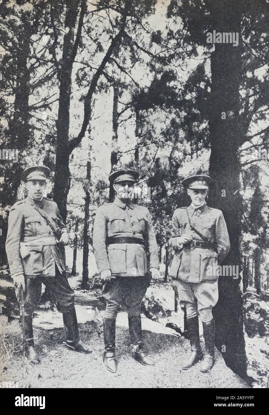 Francisco Franco 1892 – 1975, dictator of Spain meets with key officers General Caceres and General pearl, in a forest, at the start of the Spanish Civil War. Stock Photo