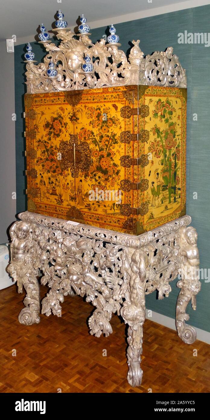 The Witcombe Cabinet, Japanned and silvered wood, about 1697. A lacquer cabinet was a key status symbol in the seventeenth century. Stock Photo