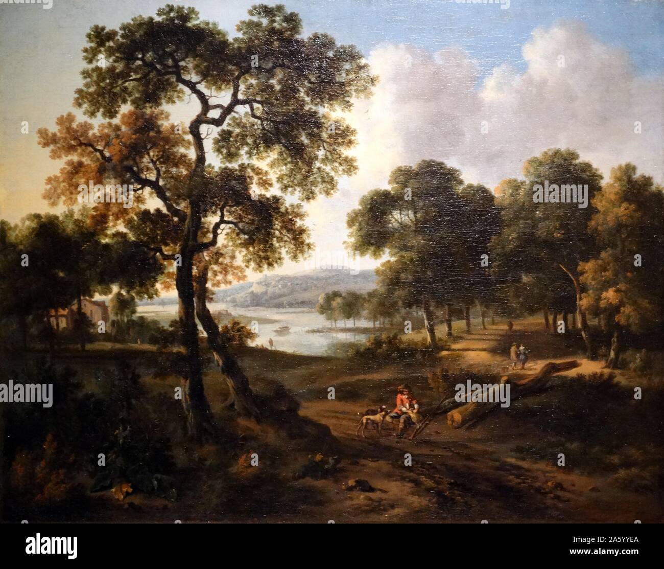 Landscape with a hunter by Jan Wijnants and Johannes Lingelbach, Dutch, 17th Century Stock Photo