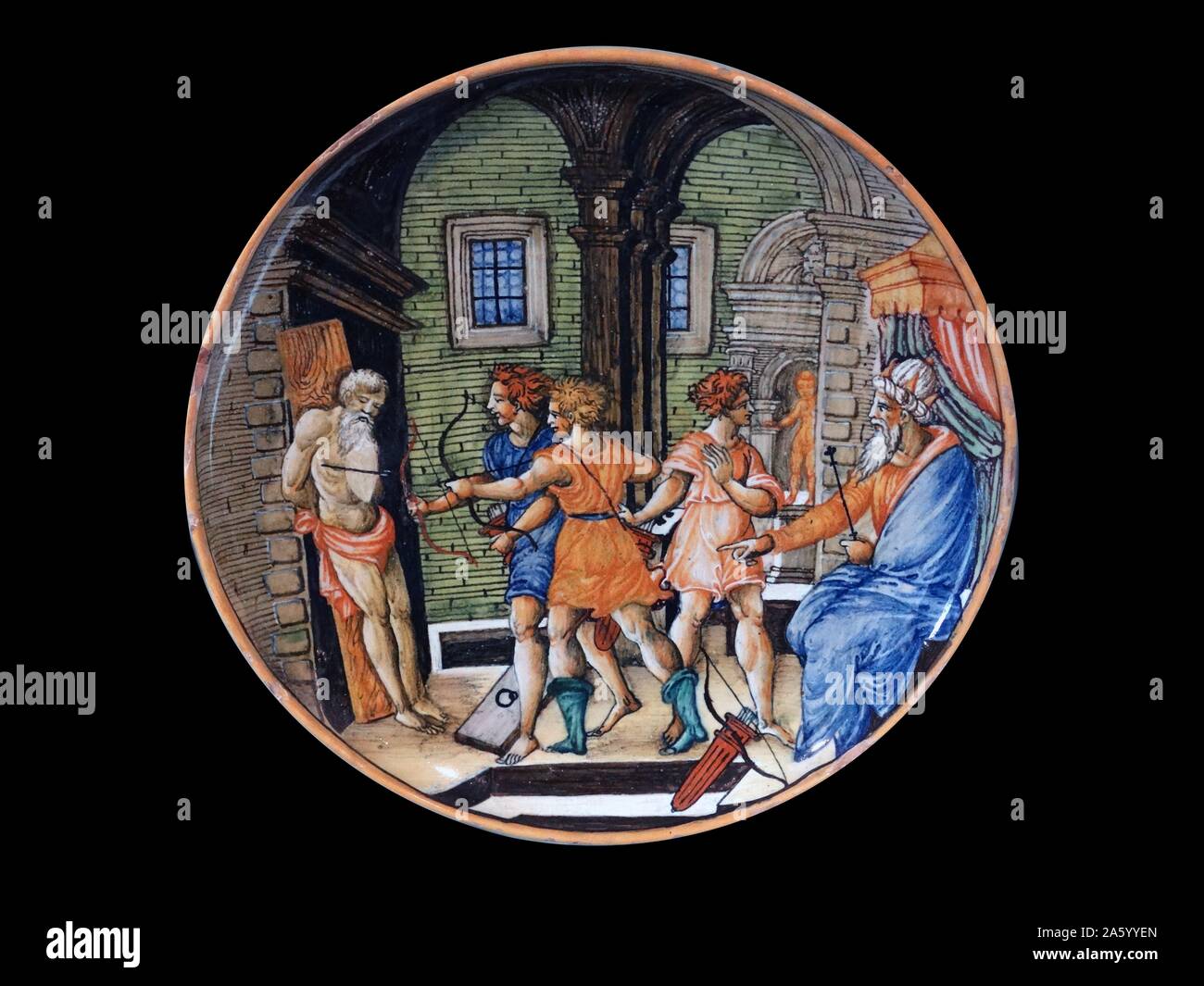 Shooting at the father’s corpse Italian (Urbino or Rimini)Tin-glazed earthenware, about 1540 Stock Photo