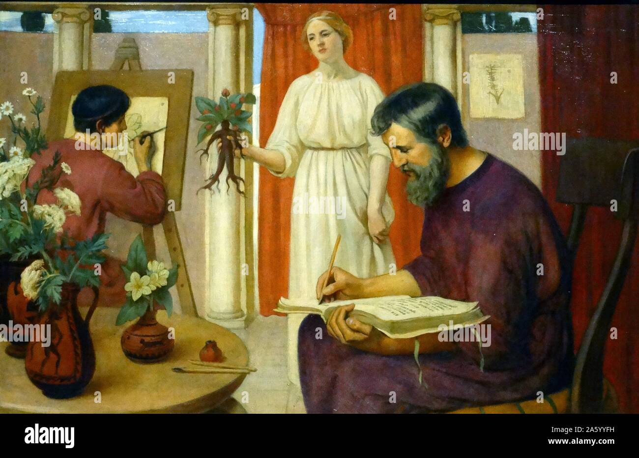 Dioscorides Describing the Mandrake' by Ernest Board (1877-1934). Oil on canvas, 1909. Dioscorides was a botanist, physician and pharmacologist who practiced during the time of Nero. Stock Photo