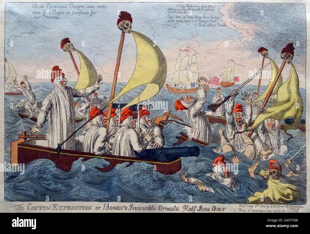 Hand-coloured etching titled 'The Coffin Expedition' by Charles Williams (1797-1830) British printmaker. Dated 1804 Stock Photo