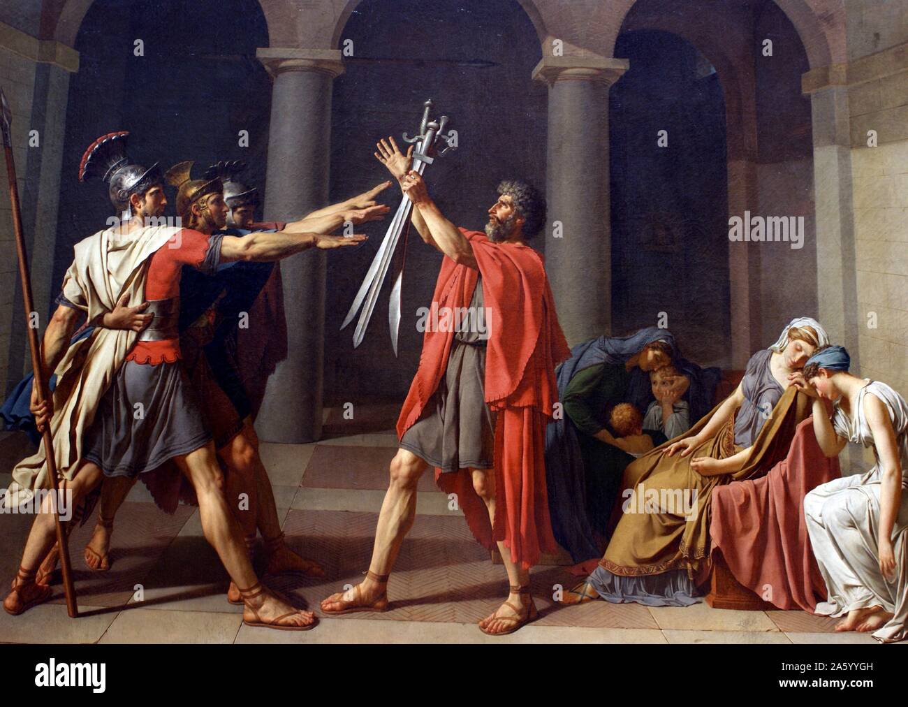 Oath of the Horatii' by Jacques-Louis David (otherwise known as Le Serment des Horaces), 1784. A huge success with both the public and critics, it is one of the best known Neoclassical style paintings. Stock Photo