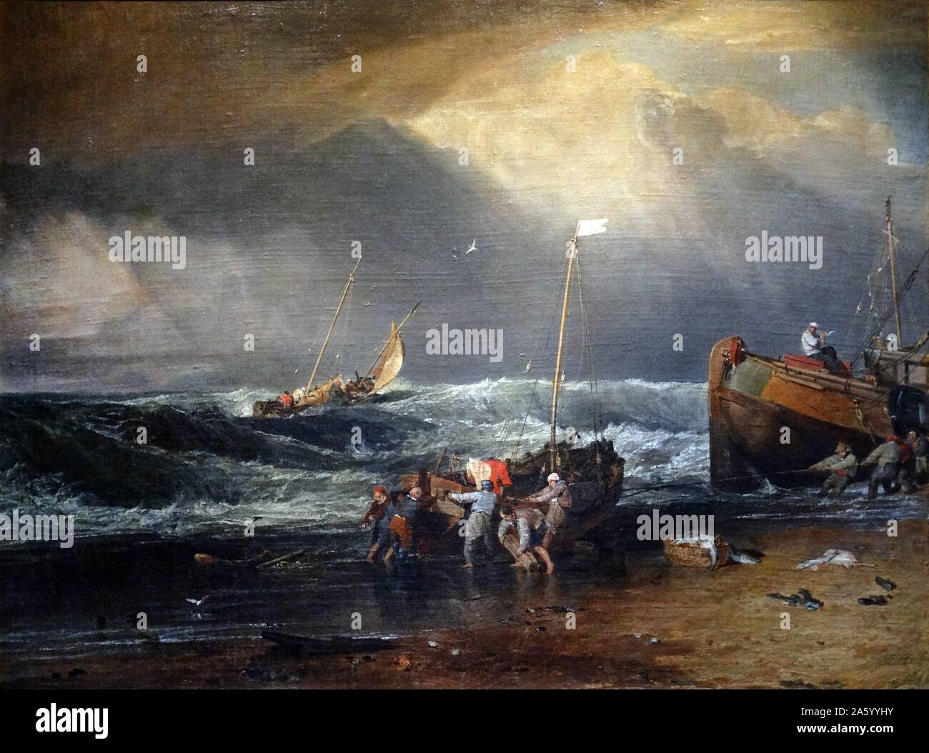 Painting titled 'Coast Scene with Fishermen' by Joseph Mallord William Turner (1775-1851) English Romanticist landscape painter. Dated 19th Century Stock Photo