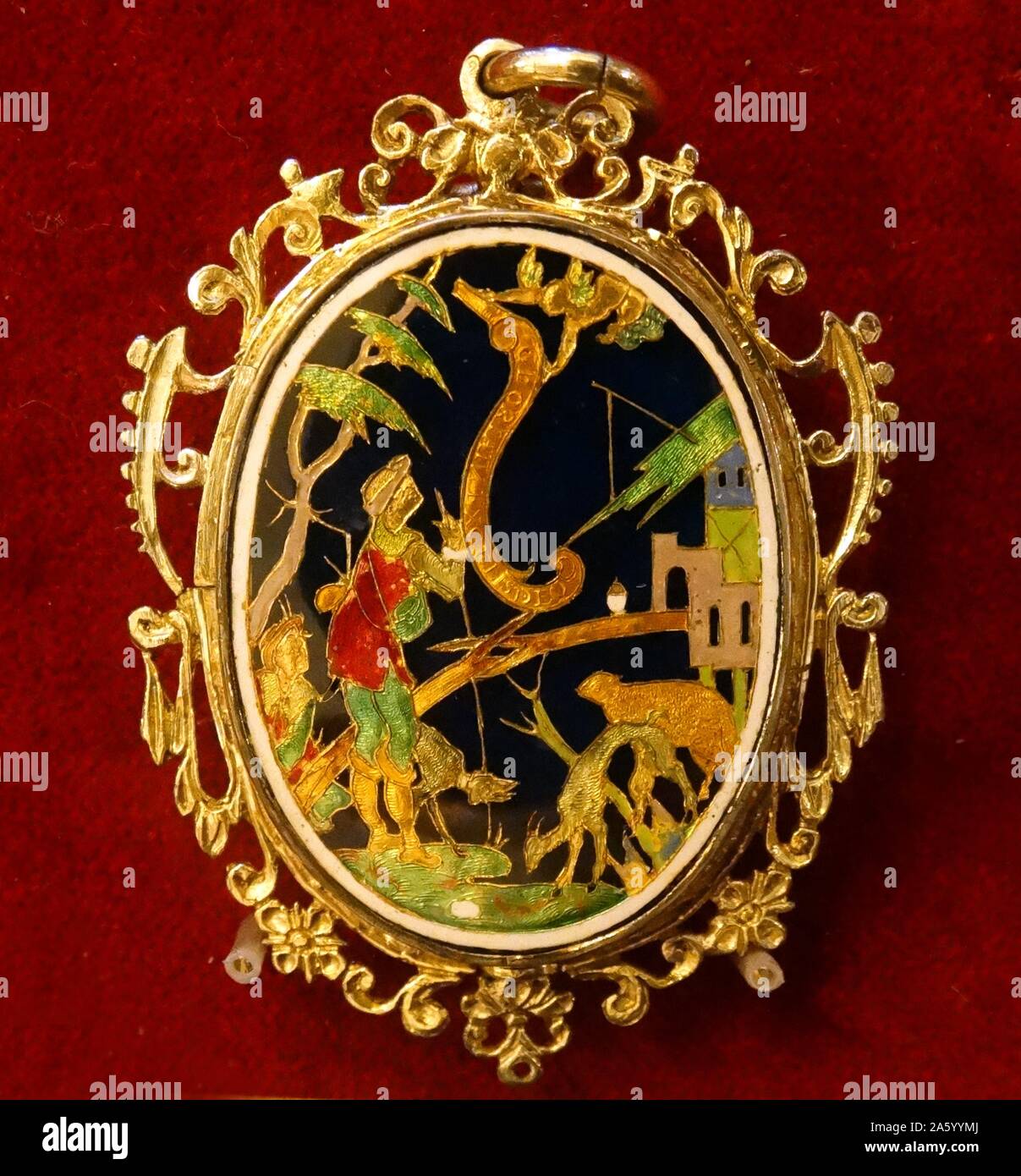 Pendant jewel depcitng the Angel appearing to the Shepherds. Dated 17th Century Stock Photo