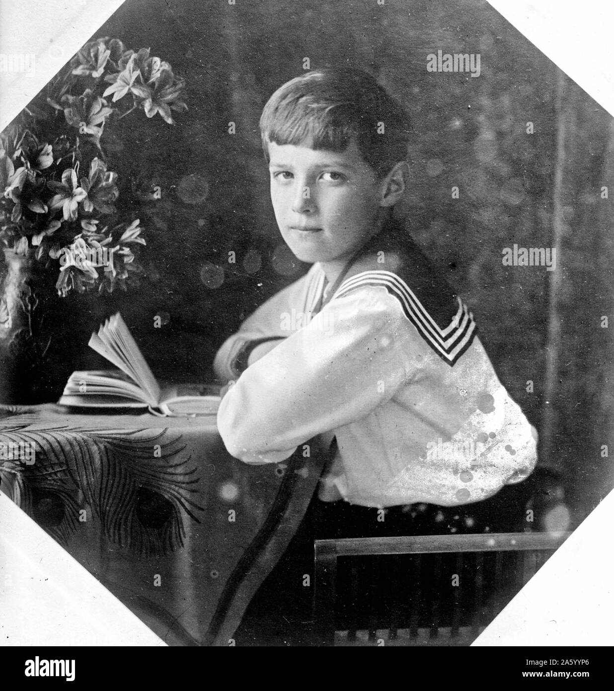 Photograph of Tsarevich Alexei Romanov (1904-1918) heir apparent to the throne of the Russian Empire. He was the youngest child and only son of Emperor Nicholas II and Empress Alexandra Feodorovna. Dated 1910 Stock Photo